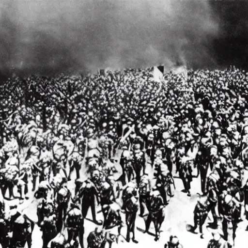 Prompt: silent film image of riot in amazon warehouse