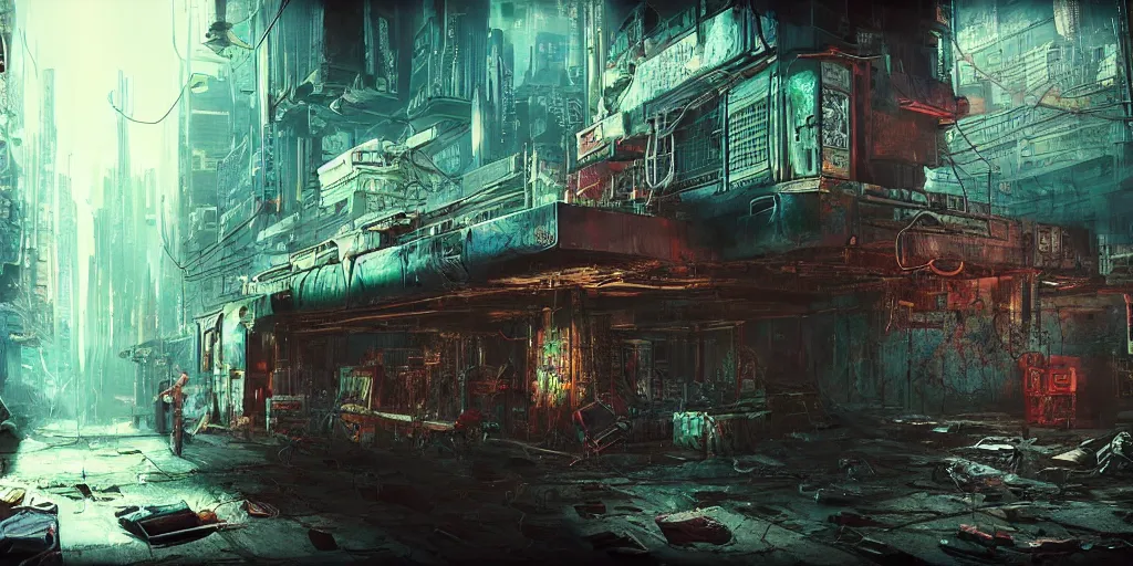 Prompt: cyberpunk chtulhu, fallout 5, studio lighting, deep colors, apocalyptic setting, sneak peek into the future