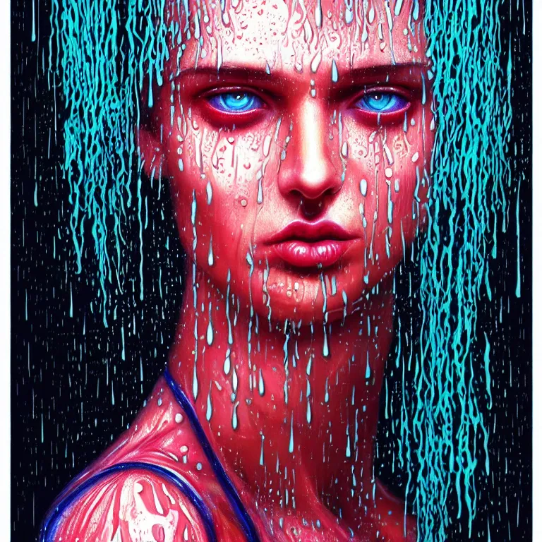 Image similar to bright asthetic portrait of LSD in rain with wet hair and face, liquid, fantasy, intricate, elegant, dramatic lighting, highly detailed, lifelike, photorealistic, digital painting, artstation, illustration, concept art, smooth, sharp focus, art by John Collier and Albert Aublet and Krenz Cushart and Artem Demura and Alphonse Mucha