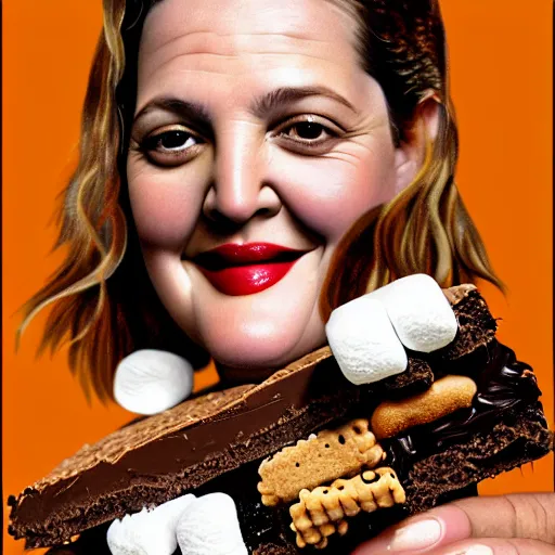 Image similar to drew barrymore in a smore, chocolate, marshmallow graham cracker, digital painting by arcimboldo