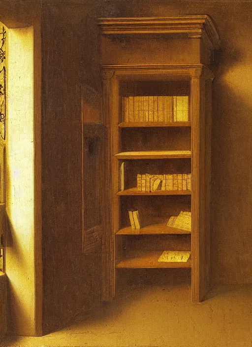 Image similar to bookshelf with books and children toys, medieval painting by jan van eyck, johannes vermeer, florence