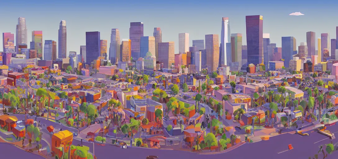 Prompt: visual development los angeles skyline cityscape, by lou romano, pixar disney