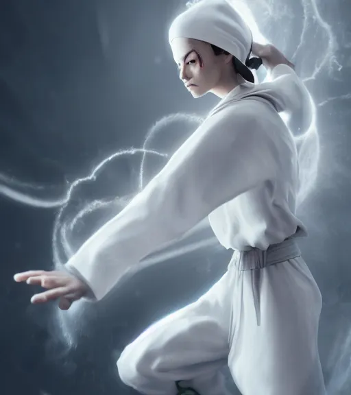 Image similar to a female monk dressed in white tapered clothes controlling the spirits around her, octane render, character art, fighting pose, action pose, digital art, trending on artstation, 8k, epic composition, highly detailed, sharp focus