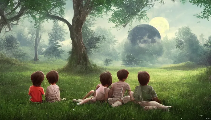 Prompt: kids sitting on grass looking giant moon in the sky, forest, lake, hyperdetailed, artstation, cgsociety, 8 k