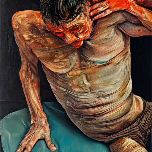 Prompt: high quality high detail painting of a man in agony by lucian freud and jenny saville and francis bacon, hd, dark demonic dancer, turquoise and orange