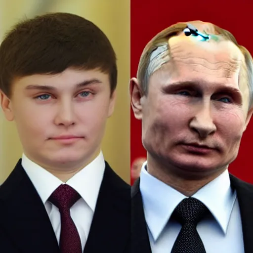 Image similar to putin teams up with a teenage putin, perfect faces