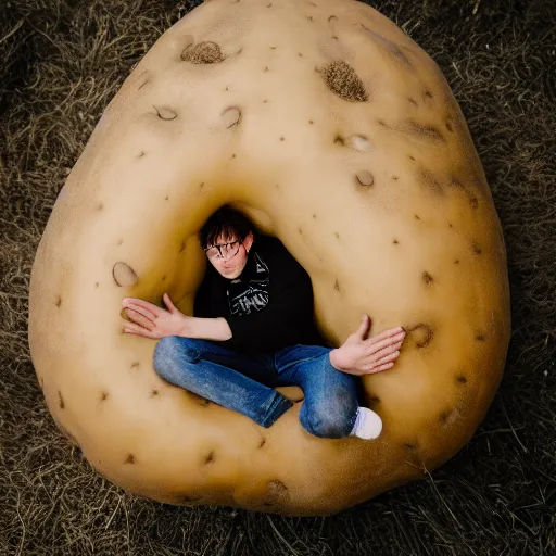 Prompt: harry potter, laying inside of a giant potato, idaho, photography, closeuo, midshot, midday, realistic, cinematic