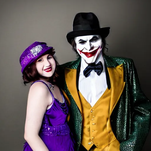 Prompt: the joker with a beard, wearing a fedora, standing next to a 20's flapper, prom pictures, amateur photography