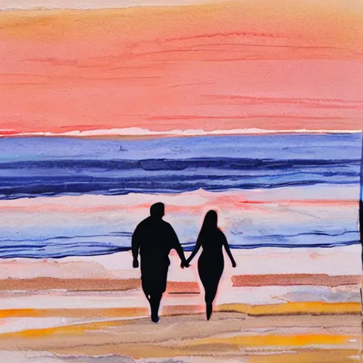 Prompt: man and woman holding hands walking along the shore of the beach, sunset, ink and brush