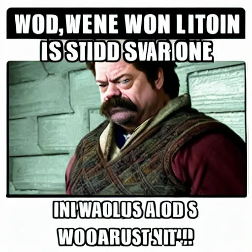 Image similar to ron swanson is a dwarven cleric trying to pick the lock of a wooden door in the side of a warehouse. he is frustrated.