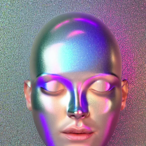 Image similar to 3d render of holographic human robotic head made of glossy iridescent, surrealistic 3d illustration of a human face non-binary, non binary model, 3d model human, cryengine, made of holographic texture, holographic material, holographic rainbow, concept of cyborg and artificial intelligence