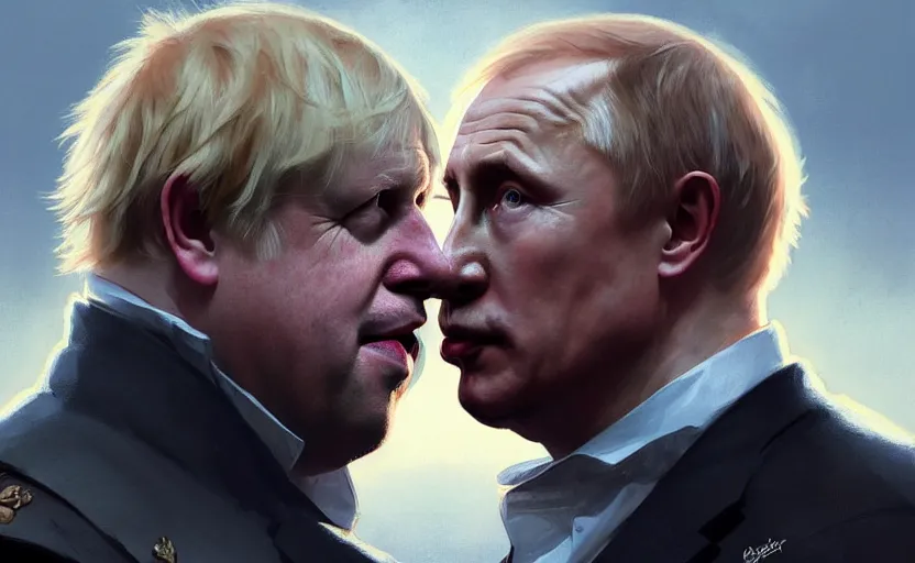 Image similar to Boris Johnson vs Vladimir Putin, face to face staring, civil war style, highly detailed, digital painting, artstation, concept art, smooth, sharp focus, illustration, cinematic lighting, art by artgerm and greg rutkowski and alphonse mucha