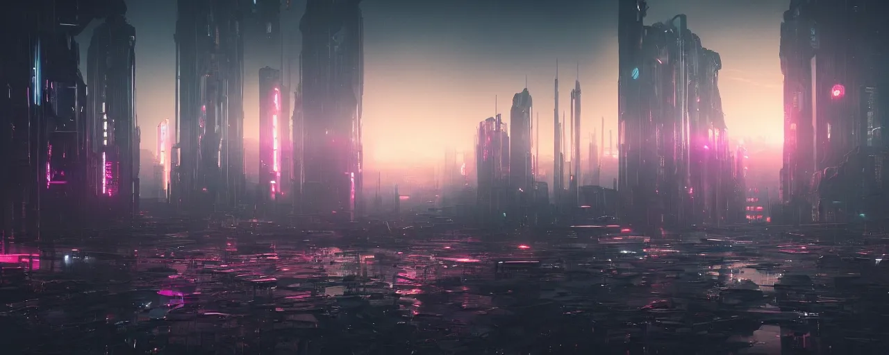 Image similar to Cyberpunk landscape, synth style, realistic, volumetric