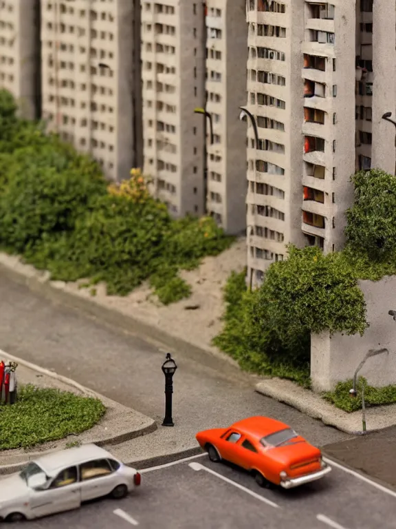 Prompt: detailed miniature diorama a soviet residential building, brutalism architecture, car parking nearby, elderly man passing by, warm and joyful atmosphere, summer, streetlamps, several birches nearby