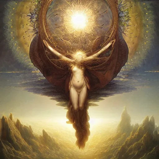 Image similar to iris of god, creation of animals, ellen jewett, beautiful surreal palatial pulsar at dawn, creation of the world, let there be light, light separated from dark, genesis, gustave dore, ferdinand knab, jeff easley