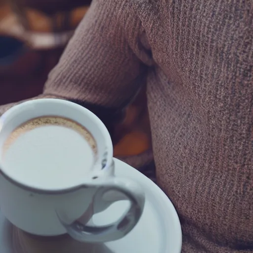 Prompt: tilt-shift photography of a man sitting on the rim of a coffee mug, 8k, ultra realistic, render