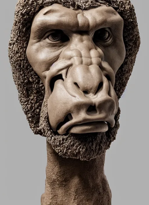 Image similar to a bust sculpture of a neandertal with animal face features, detailed, anatomically correct, ceramic base, orthographic, studio lighting, expresive