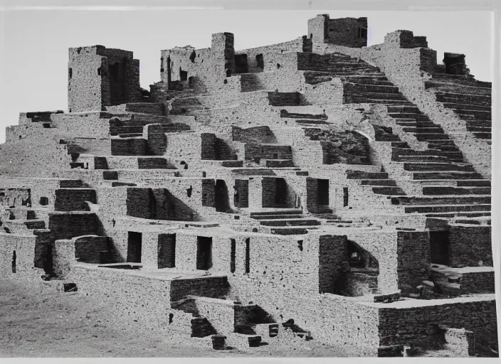 Image similar to Antique photograph of pueblo ruins on a towering Mesa showing terraced gardens in the foreground, albumen silver print, Smithsonian American Art Museum