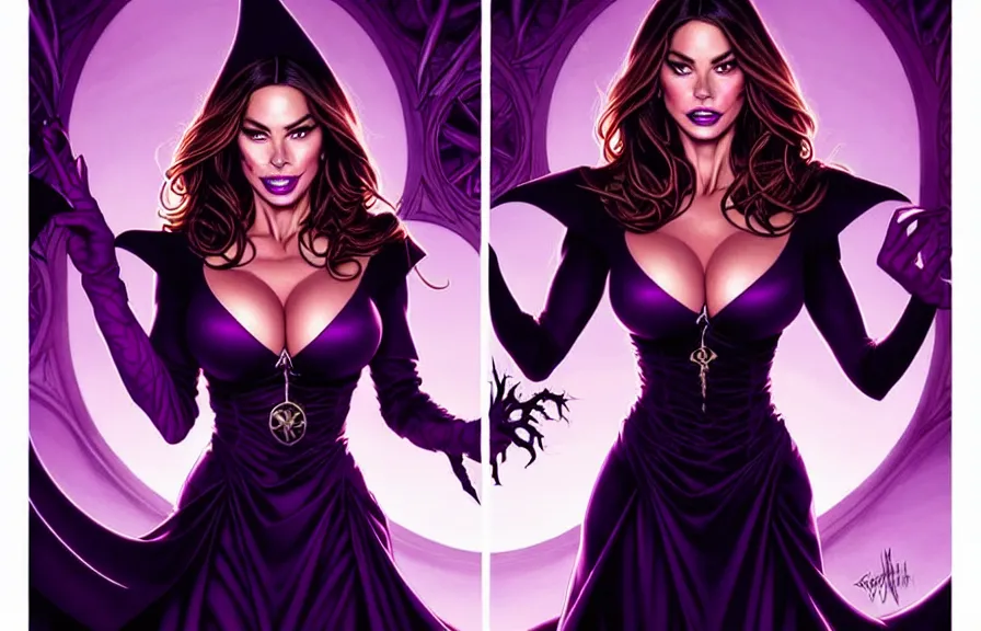 Image similar to sofia vergara comic cover art, artgerm, joshua middleton, pretty stella maeve witch doing black magic, serious look, purple dress, symmetrical eyes, symmetrical face, long black hair, full body, twisted evil dark forest in the background, cool colors