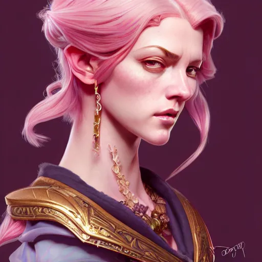 Prompt: aristocrat scowling, female, d & d, fantasy, intricate, elegant, highly detailed, pink hair, digital painting, artstation, octane render, concept art, matte, sharp focus, illustration, hearthstone, art by artgerm, alphonse mucha johannes voss