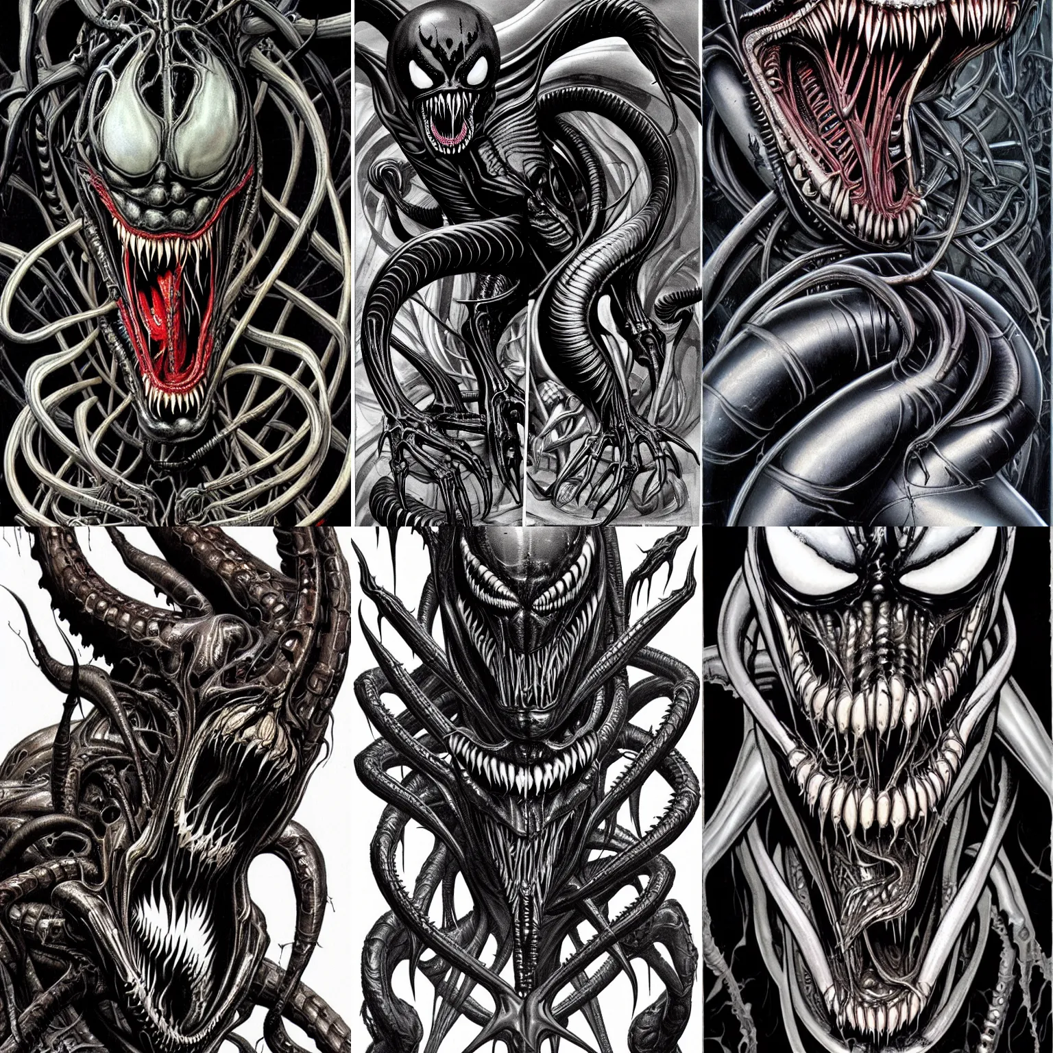 Prompt: Venom designed by H.R. Giger, biomechanical, intrincate, detailed, grotesque, creepy high, quality