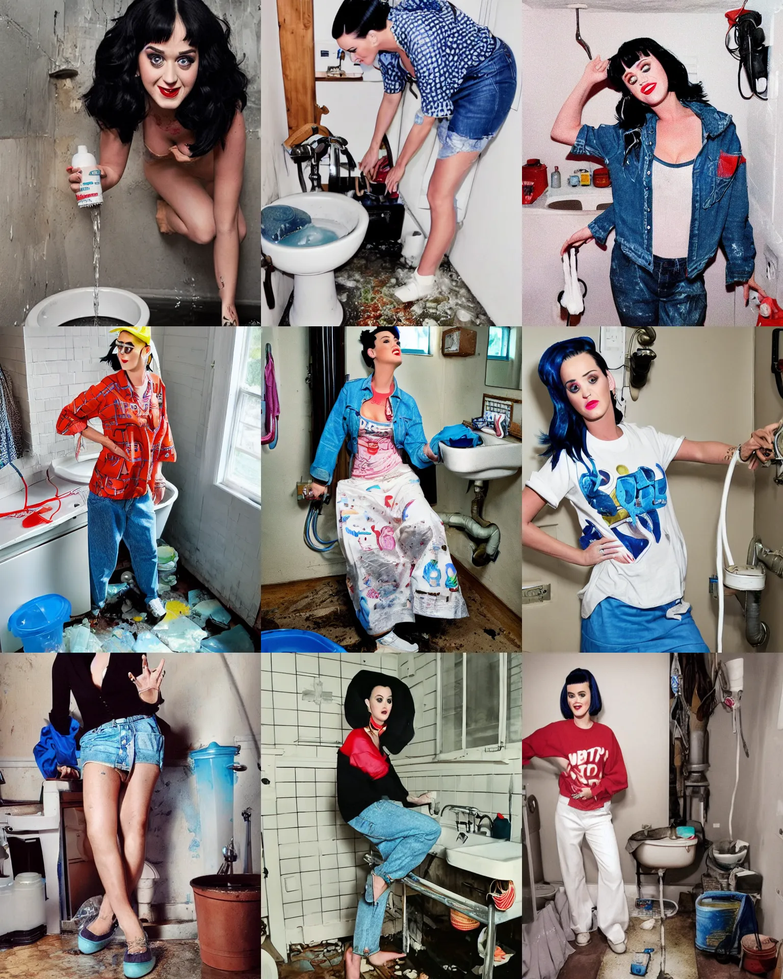 Prompt: katy perry wearing old clothes, fixing a leaking sink, puddle of water on the floor, by ruan jai