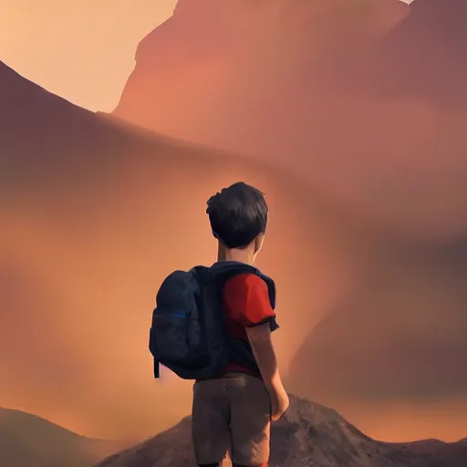 Image similar to a boy with a backpack!!!, beautiful volcanic landscape, dramatic lighting, cinematic, establishing shot, extremly high detail, photorealistic, cinematic lighting, post processed, concept art, artstation, matte painting, style by greg rutkowsky