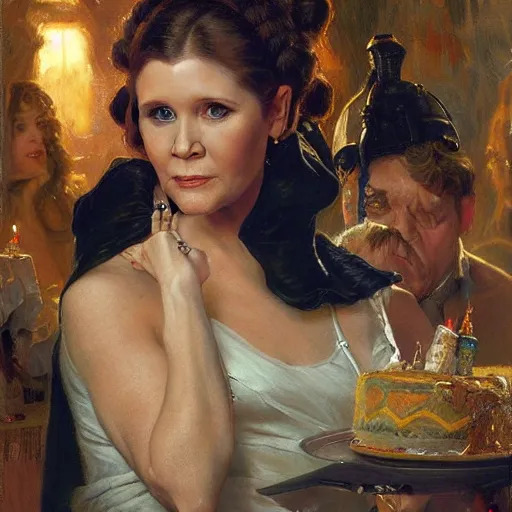 Image similar to carrie fisher attending a birthday party, highly detailed painting by gaston bussiere, craig mullins, j. c. leyendecker 8 k