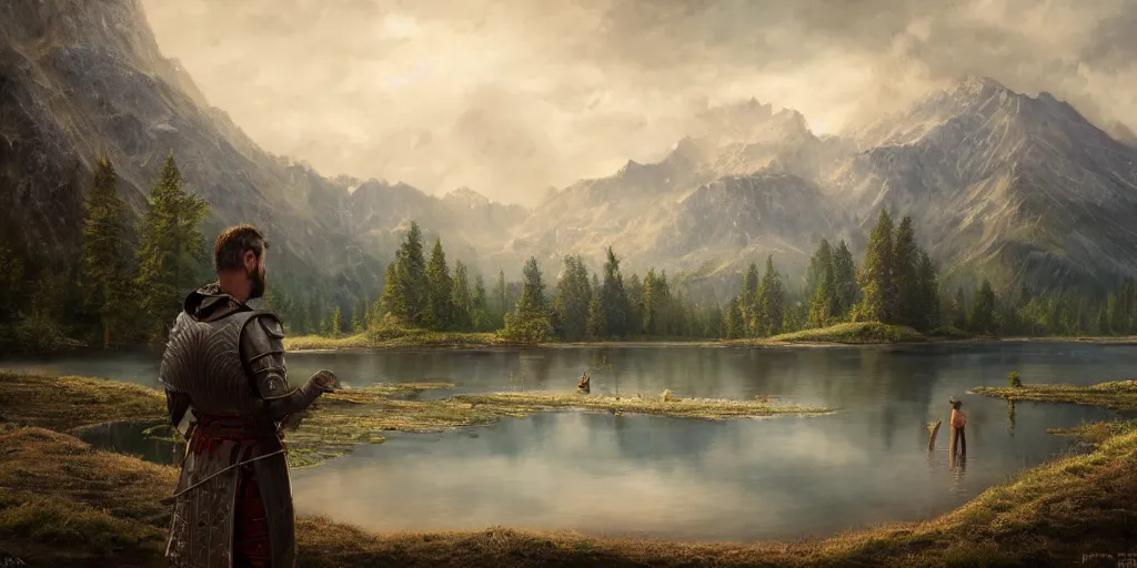 Image similar to beautiful landscape of small lake at midday with distant mountains and close - up of a symmetric detailed man in realistic detailed medieval armor, ultra realistic, highly detailed, hd, sharp focus, cinematic lighting, realistic, vivid colors, gritty, matt painting, digital art, non blurry, sharp, artstation, concept art, smooth, illustration