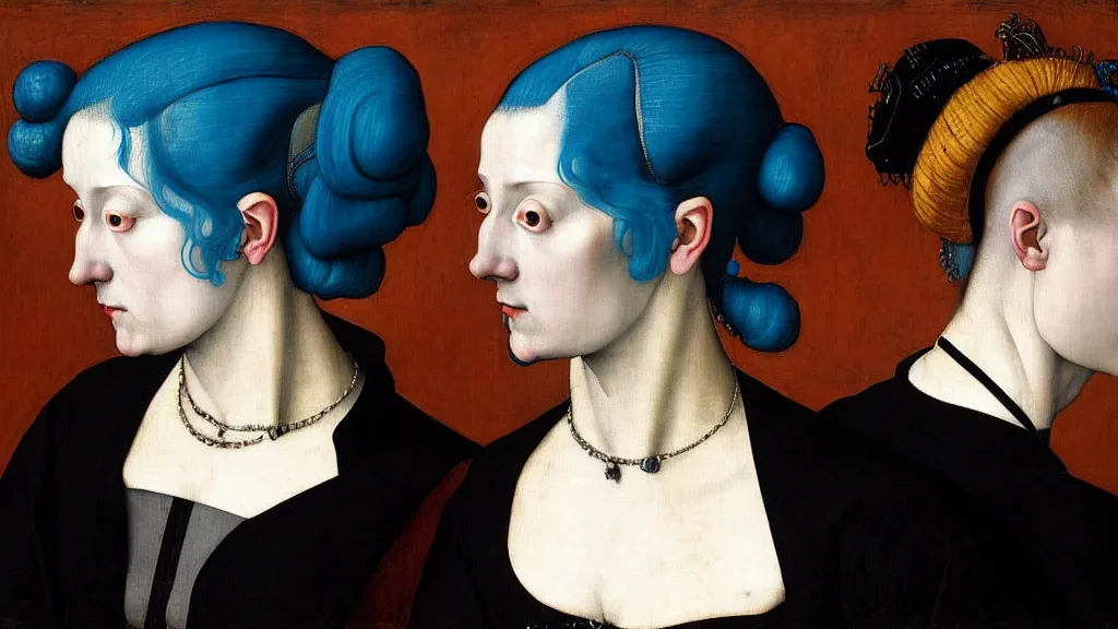 Prompt: portrait of a woman with blue hair buns, wearing a black suit, walking in a crowded street, intricate details, high detail, in the style of rogier van der weyden and jacopo da pontormo, punk, masterpiece