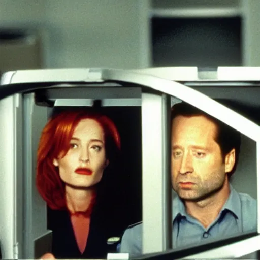 Prompt: mulder and scully investigate the fridge at the dmv, television still