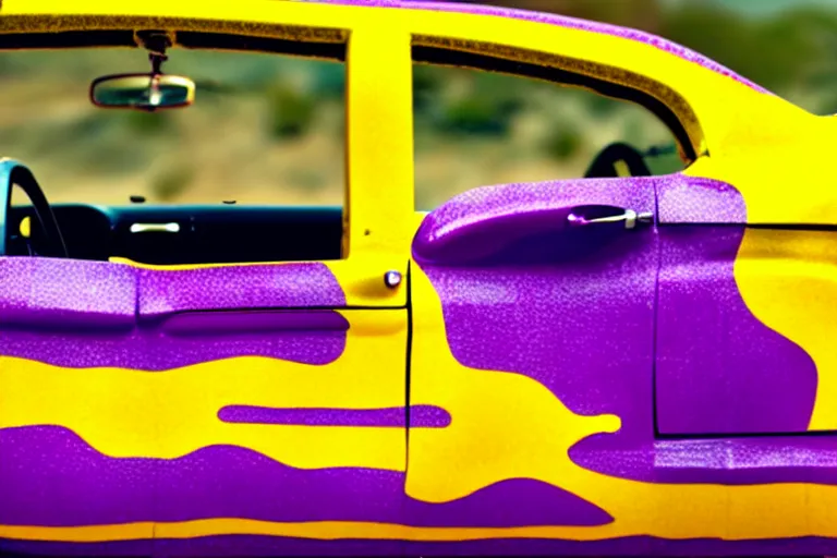 Image similar to purple mustang covered in mustard on a film strip road