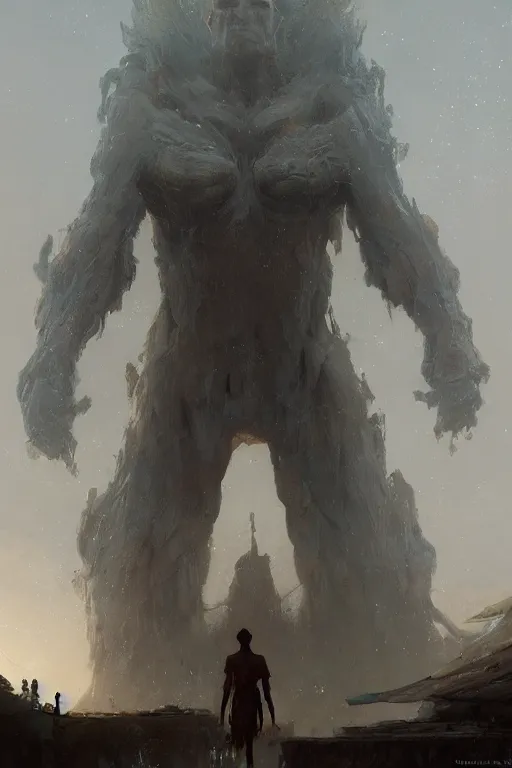 Prompt: a giant humanoid deity looms over a tiny human. ethereal fantasy art by greg rutkowski