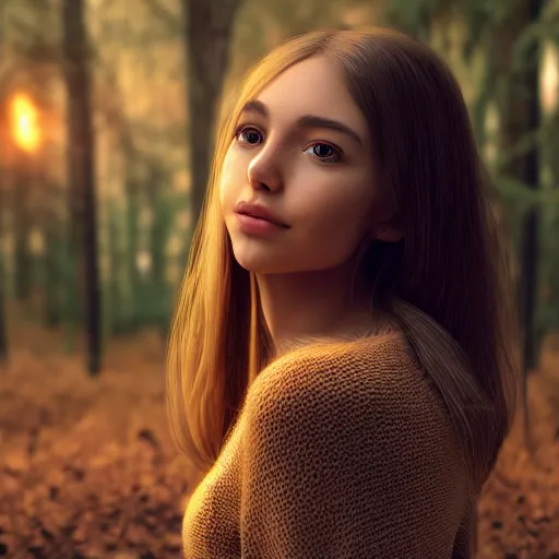 Prompt: real life photo of a beautiful girl, full body photoshoot, long brown hair, brown eyes, full round face, short smile, belly free, sweater, forest setting, cinematic lightning, medium shot, mid - shot, highly detailed, trending on artstation, unreal engine 4 k, 8 0 mm, 8 5 mm, cinematic wallpaper