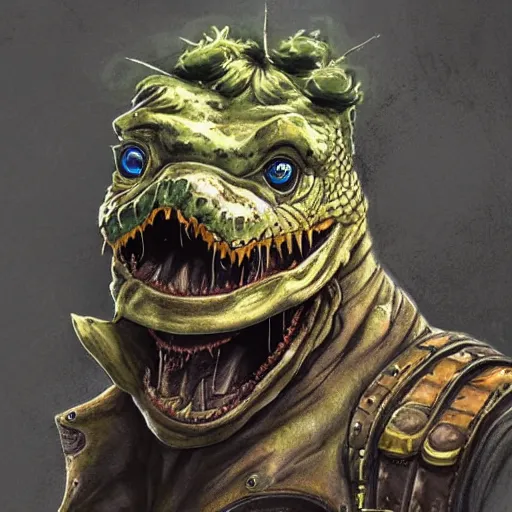 Prompt: A crocodile dressed like in Mad Max in the style of a DnD character portrait, concept art