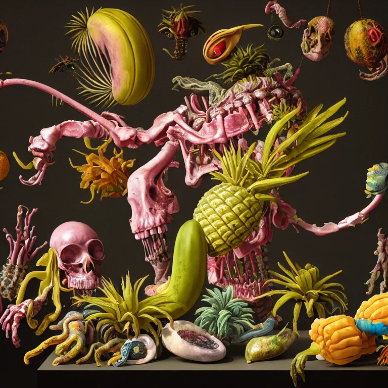 Image similar to still life of surreal alien pastel tropical flowers, rotten moldy colorful mold, dripping pastel paint, surreal alien ribbed tropical fruit, white human spine, ribs, muscle tissues, baroque painting, beautiful detailed intricate insanely detailed octane render, 8K artistic photography, photorealistic, chiaroscuro, Raphael, Caravaggio