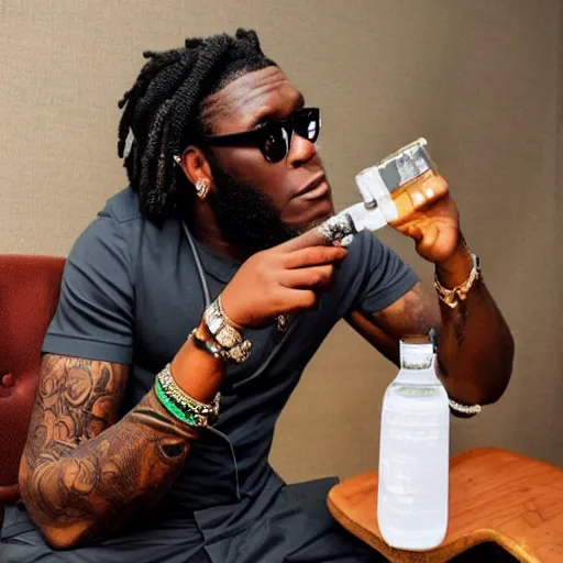 Prompt: burna boy, at church, rolling a cigarette, with a bottle of liquor next to him