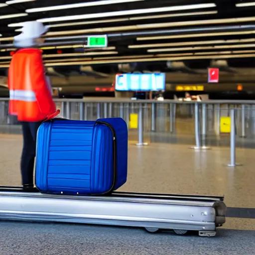 Prompt: a big suitcase on an airport industrial conveyor belt, moving on its way to a plane