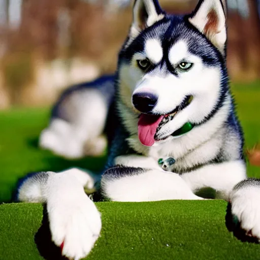 Prompt: 9 0 s camera footage of a husky with a green hairstyle, heterochromia, realistic, dog is panting, creepy background