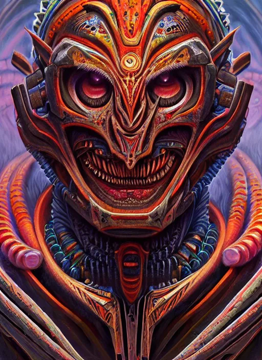 Image similar to hyper detailed ultra sharp of a aztec biomechanical warrior trance man. trending on artstation, demon paint aesthetic, hellwave, colorful, psychedelic, ornate, intricate, digital painting, concept art, smooth, sharp focus, illustration, art by artgerm and greg rutkowski and h. r. giger, 8 k
