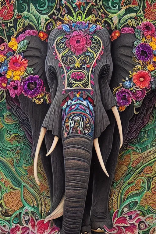 Prompt: Painted dark-wood relief carving of a Flowerpunk Matriarch Elephant, explosion of colorful flowers, dark wood, intricately carved, black ink, festival of rich colors, intricate details, cinematic lighting, volumetric lighting, backlit, post-processing, by andreas rocha and john howe, and Martin Johnson Heade, featured on artstation, featured on behance, golden ratio, ultrawide angle, hyper detailed, photorealistic, epic composition, wide angle, f32, well composed, UE5, 8k