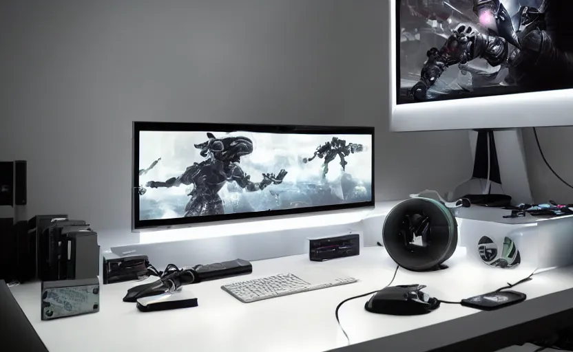 Image similar to futuristic gaming setup with white lighting, hd photograph, highly detailed, intricate, sharp focus