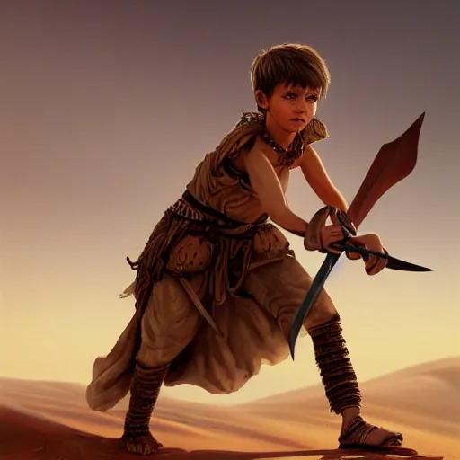 Image similar to a detailed illustration of a boy in the desert holding a sword, fantasy art illustration, incredibly highly detailed and realistic, 8 k, sharp focus