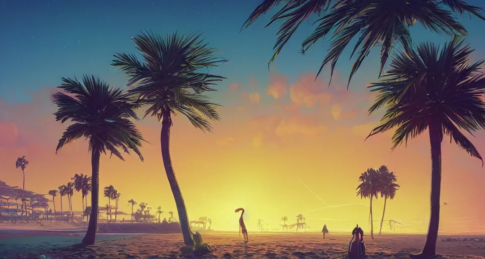 Image similar to Californian beach landscape with palmtrees and a sunset, large sunset, cinematic, synthwave style, rendered by simon stålenhag, rendered by Beeple, Makoto Shinkai, syd meade, environment concept, digital art, unreal engine, 3 point perspective, WLOP, trending on artstation, low level, 4K UHD image, octane render,