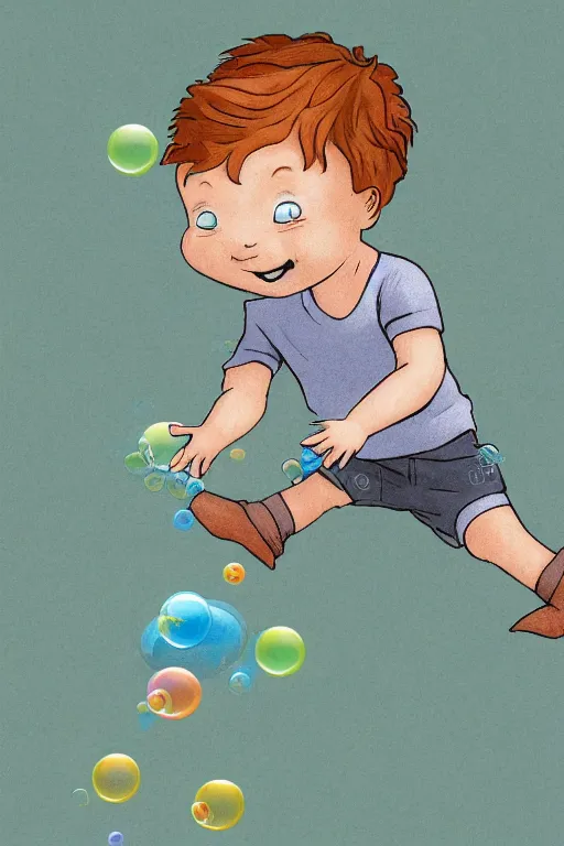 Prompt: a little boy with ginger hair chasing bubbles. clean elegant simple illustration, beautiful detailed face.