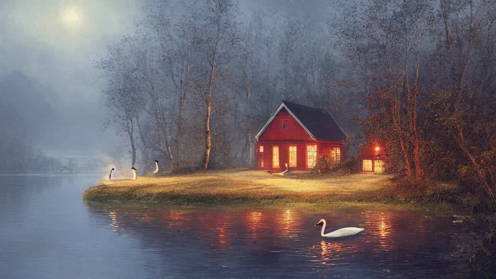 Image similar to small red wooden cottage by the lake, lanterns in the front of the cottage, smoke coming out of the chimney, dusk, birch trees, tranquility, two swans swimming in the lake, two swans, a wooden rowing boat, by Greg Rutkowski, by Charlie Bowater