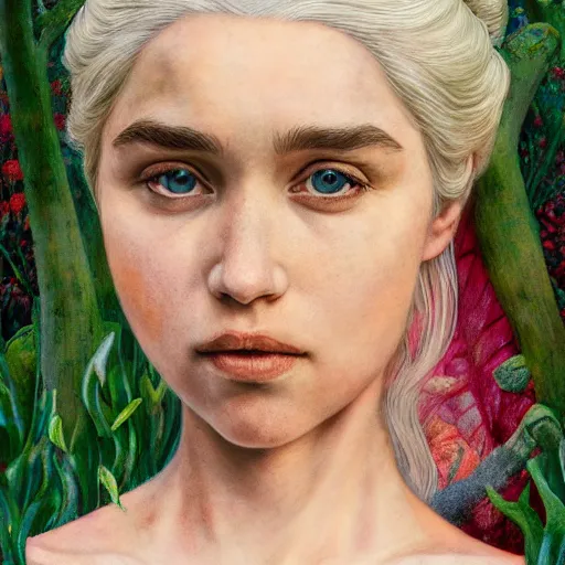 Prompt: daenerys targaryen, exterior botanical garden, portrait face, colorful, frantisek kupka, intricate, miles johnston, kuroda seiki, cynical realism, ozabu, john william godward, painterly, yoshitaka amano, moebius, miles johnston, louise zhang, james jean, mark ryden lowbrow pop surrealism art style