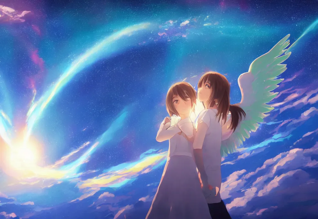 Image similar to breathtaking digital painting of the sky of kimi no na wa with hatsune miku angel, by celestialfang, ghibli, pastel colors and shooting stars in northern light love, lovers under skies