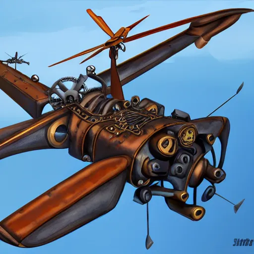 Prompt: steampunk attack helicopter, concept art, industrial design, detailed, 4 k, smooth curves, azure sky