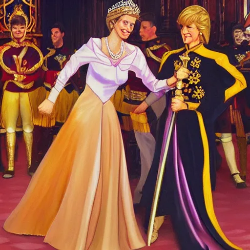 Prompt: painting of Princess Diana swordfighting Queen Elizabeth II, fantasy, epic, golden hour